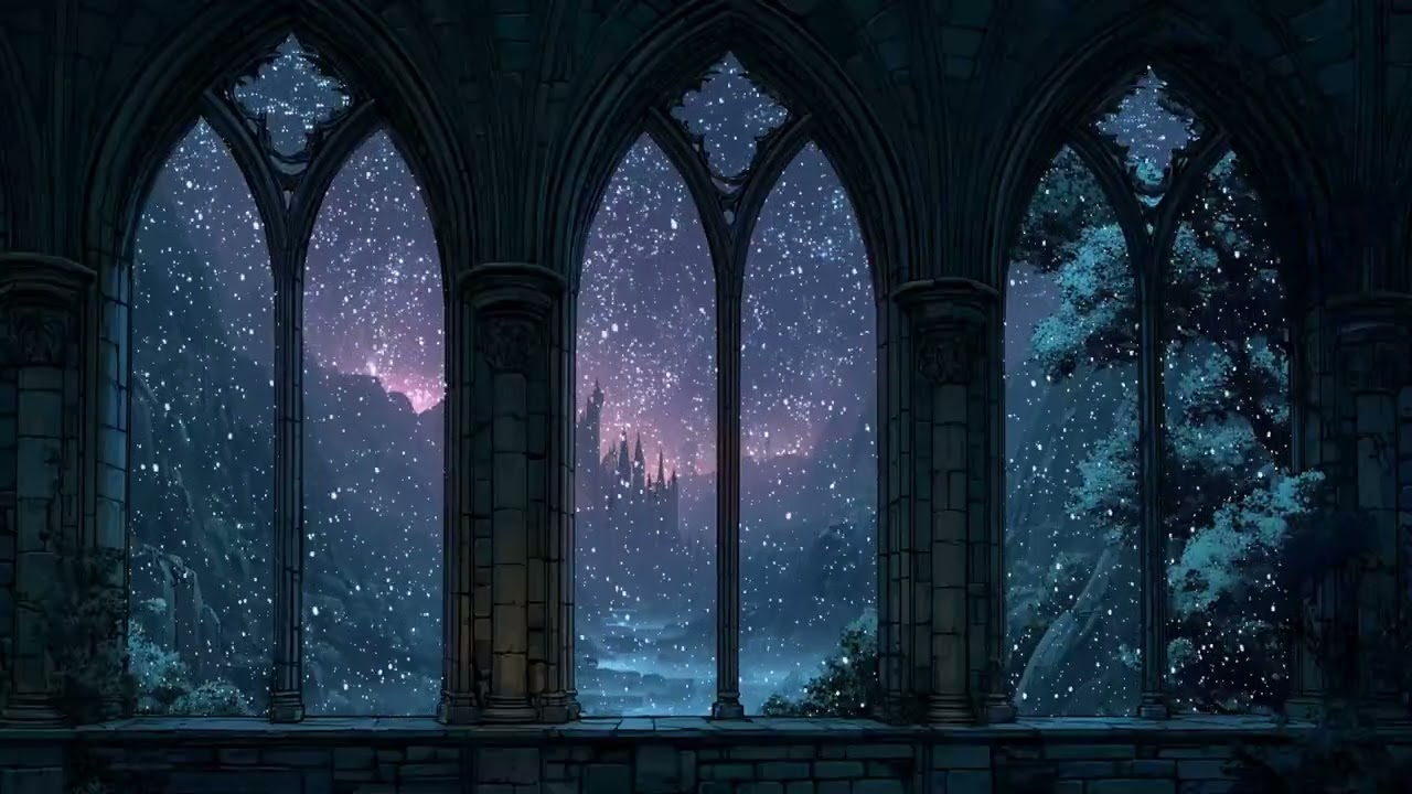 4K Calm Winter Night at Hogwarts ❄️ Snowy Window Ambience for Focus