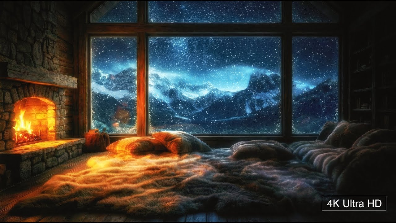 4K Cozy Winter Window | Fireplace Sounds & Relaxing Piano Music for Deep Sleep (90 Min)