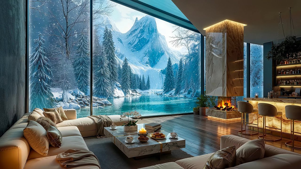 Cozy Jazz Instrumental Music in the Snowy Mountain Living Room ❄️ Winter Jazz with Snow Falling