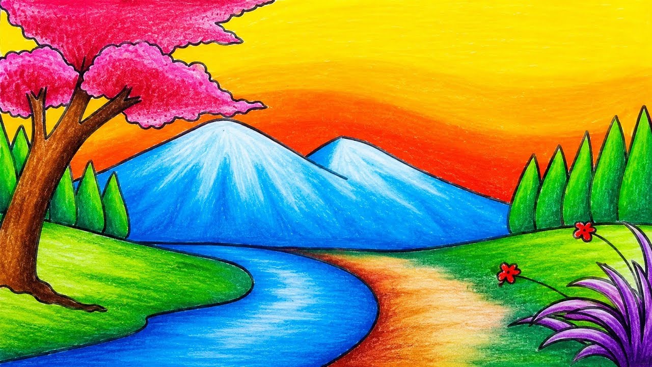 How to Draw Easy Scenery | Drawing Beautiful River Scenery with Sunset Step by Step with Oil Pastels