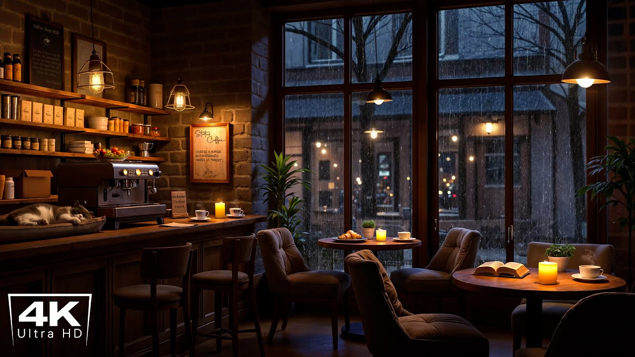 4K Cozy Coffee Shop with Soft Jazz Instrumental Music & Rain Sounds for Deep Relaxation