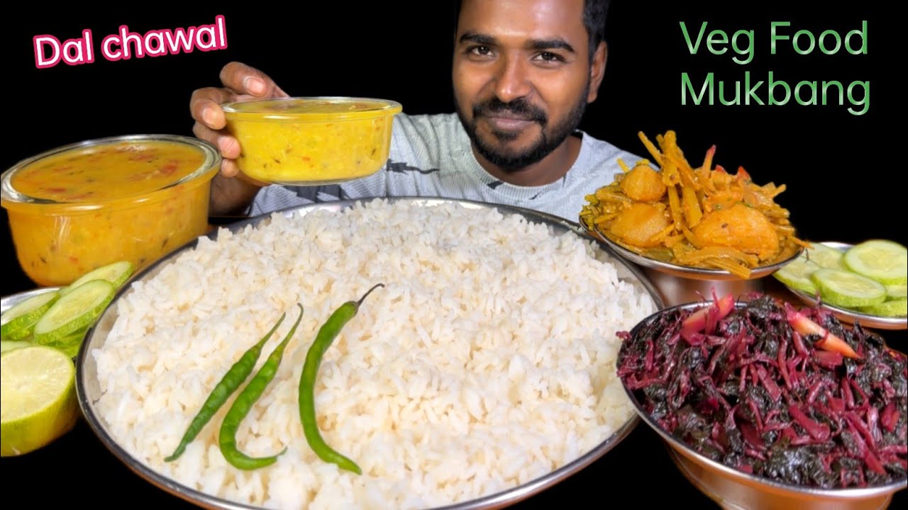 Eating Dal Chawal with Lal Saag Bhaji Gobi Datha Aloo Sabji Chilli & Cucumber Mukbang 