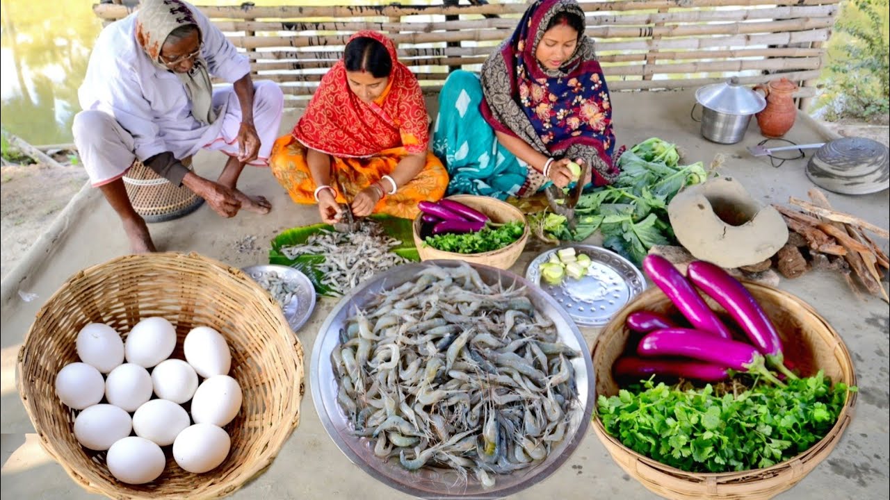 ধনিয়া ডাল,ডিম বেগুন আর ওলকপি চিংড়ি রান্না একদম গ্রাম্য পদ্ধতিতে সাথে দুপুরের খাওয়া
