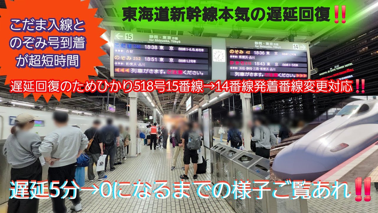 【名古屋駅・遅延回復図る東海道新幹線】のぞみ102号遅延に伴いのぞみ42号→こだま746号→ひかり518号発着番線変更など過密ダイヤで発着しのぞみ252号には完璧に遅延0になる‼️