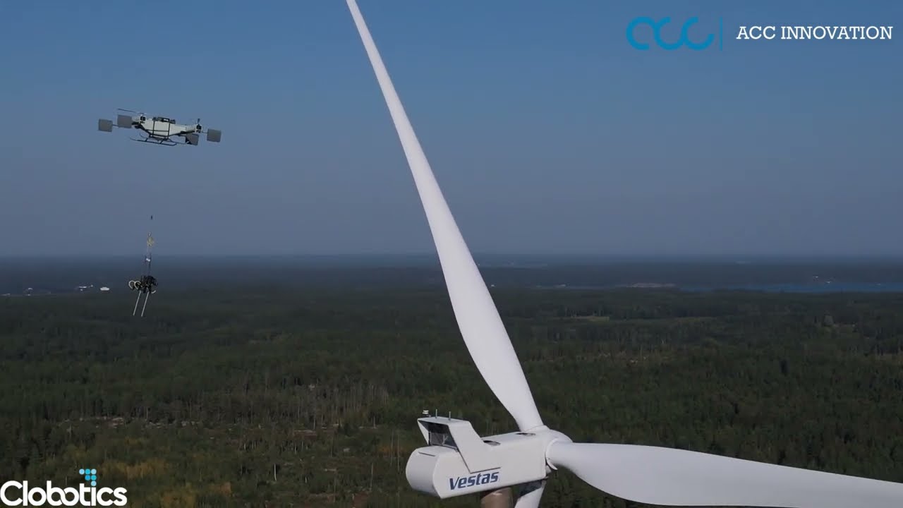 UAV delivers wind turbine blade reapair robot onto wind turbine blade