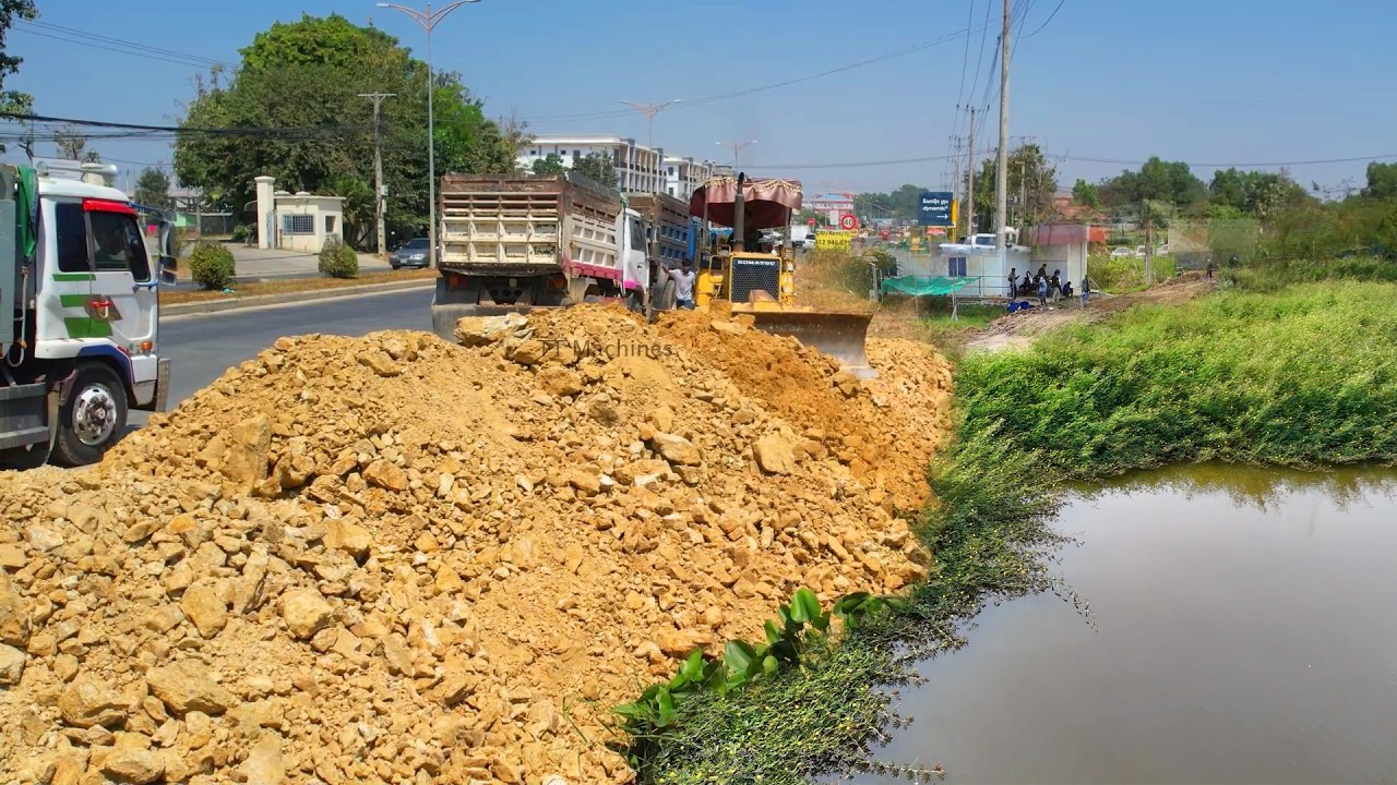Just Start Small Land Size 20x20m & Completed 100% By Dozer Push Stone Into Water With Dump Trucks