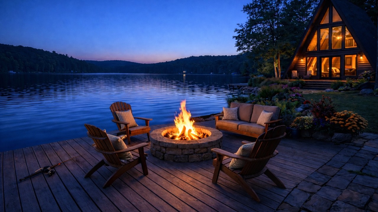 Cozy Lakeside Ambience 🌙 Crackling Fire, Calm Lake & Relaxing Night Nature Sounds