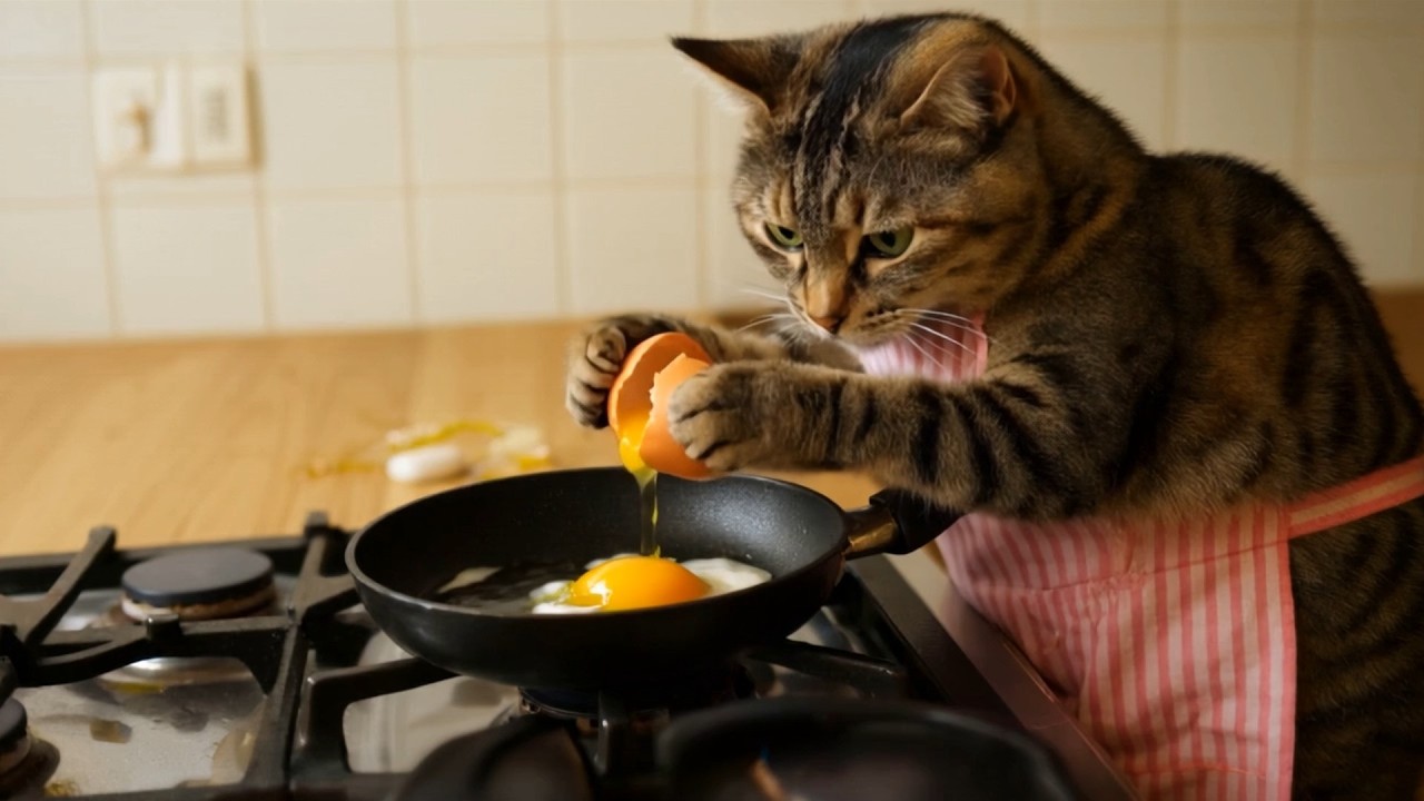 【AI Cat】キジトラ猫アンバーの朝食作り！【料理】
