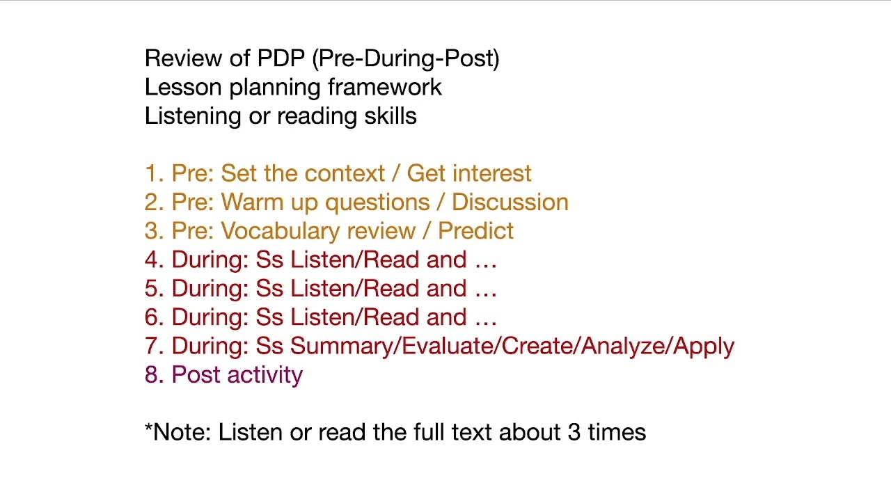 Tips for PDP framework lesson plans (TESOL listening and reading comprehension)