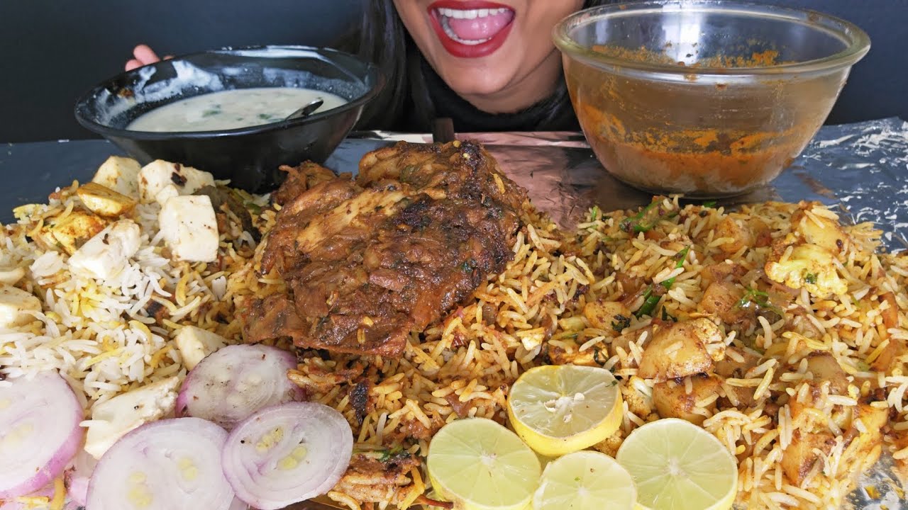 BIRYANI MUKBANG | ASMR EATING PANEER BIRYANI, CHICKEN LEG BIRYANI | MIX VEG BIRYANI WITH RAITA 