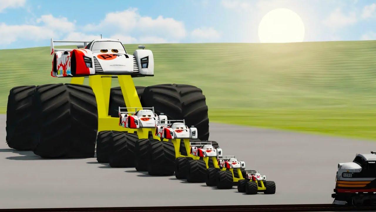 Big & Small Fire Truck McQueen Moto with Monster Wheels VS Train | BeamNG.drive