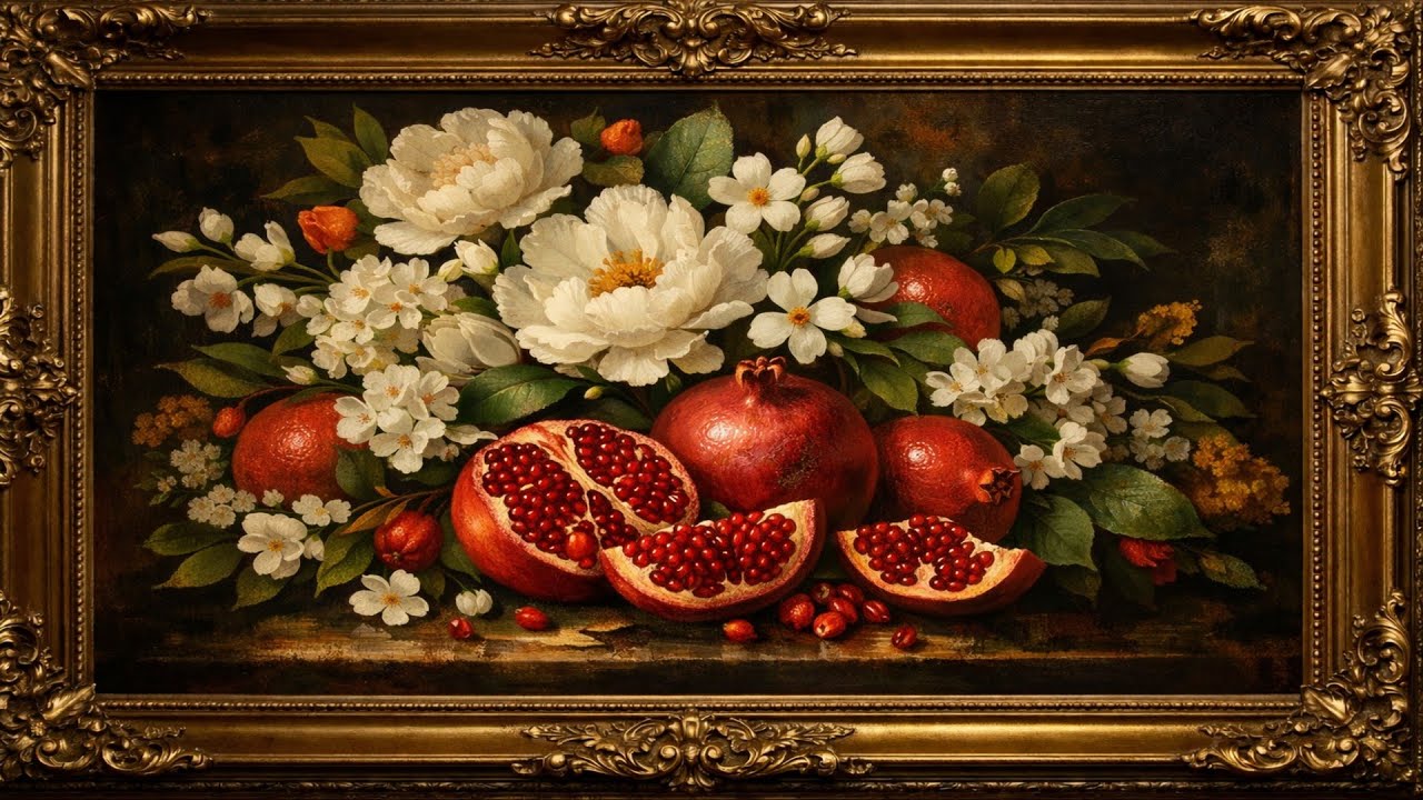 4K Elegant Pomegranate & White Florals | Timeless Still Life Painting for Relaxation 🎨