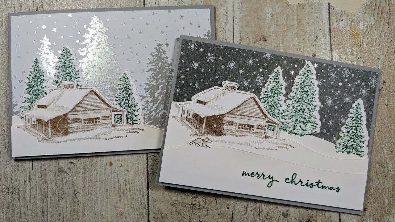 Layered Christmas cards with the Cabin Dies and Peaceful Cabin stamp set from Stampin' Up!