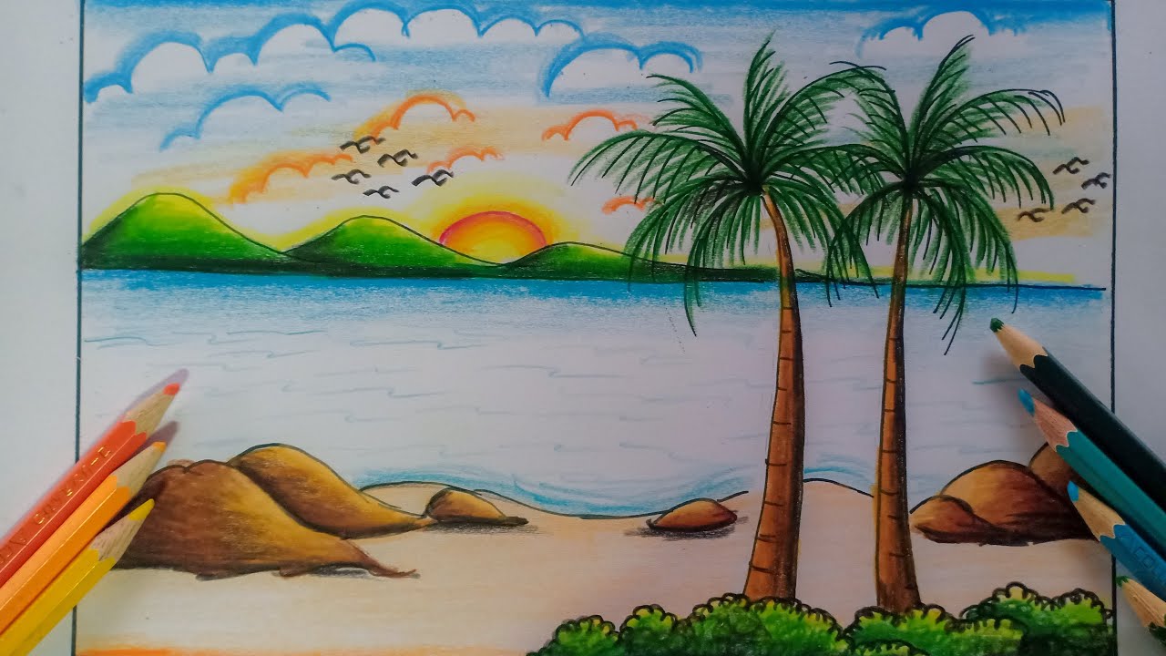 สอนวาดภาพวิวทะเล ด้วยสีไม้ ง่ายๆ How to draw sea scenery