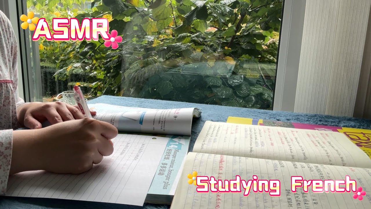 ASMR | 50 mins study French: Background noise, rain sounds, inaudible whispers
