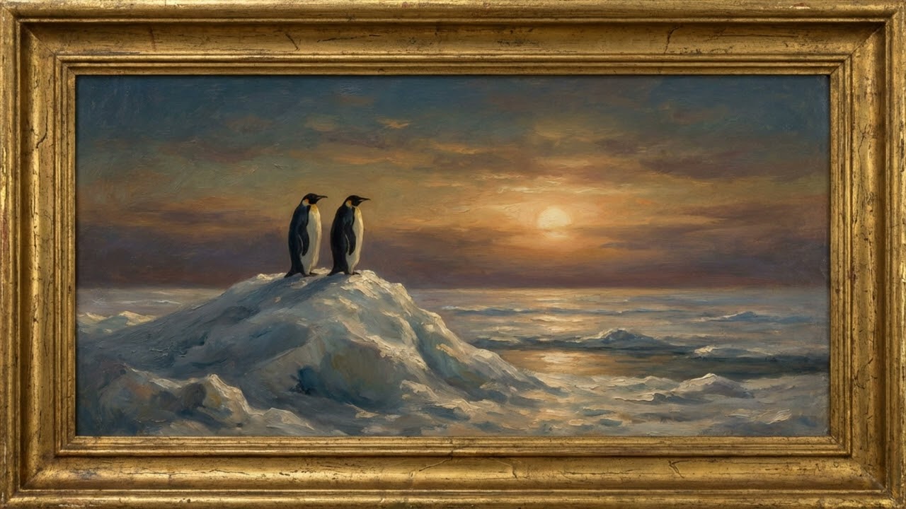 Penguins at Sunset 4K TV Art Frame | Manifest Love & Companionship | Classical Oil Painting