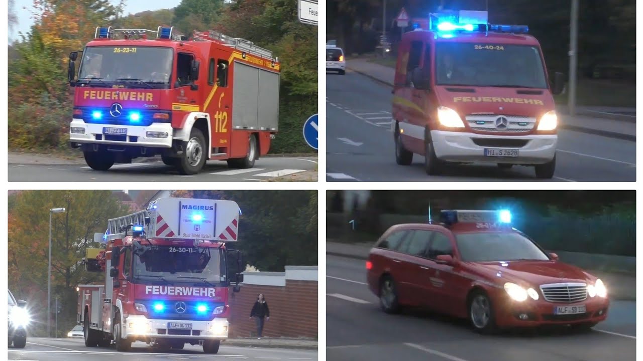 (Feuer Krankenhaus / Expl. in Hotel) Einsatzfahrten Feuerwehren Stadt Alfeld zu zwei Alarmübungen