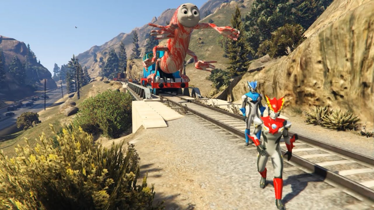Ultraman Rosso dan Ultraman Blue R/B Mengejar Kereta Api Thomas Zombie