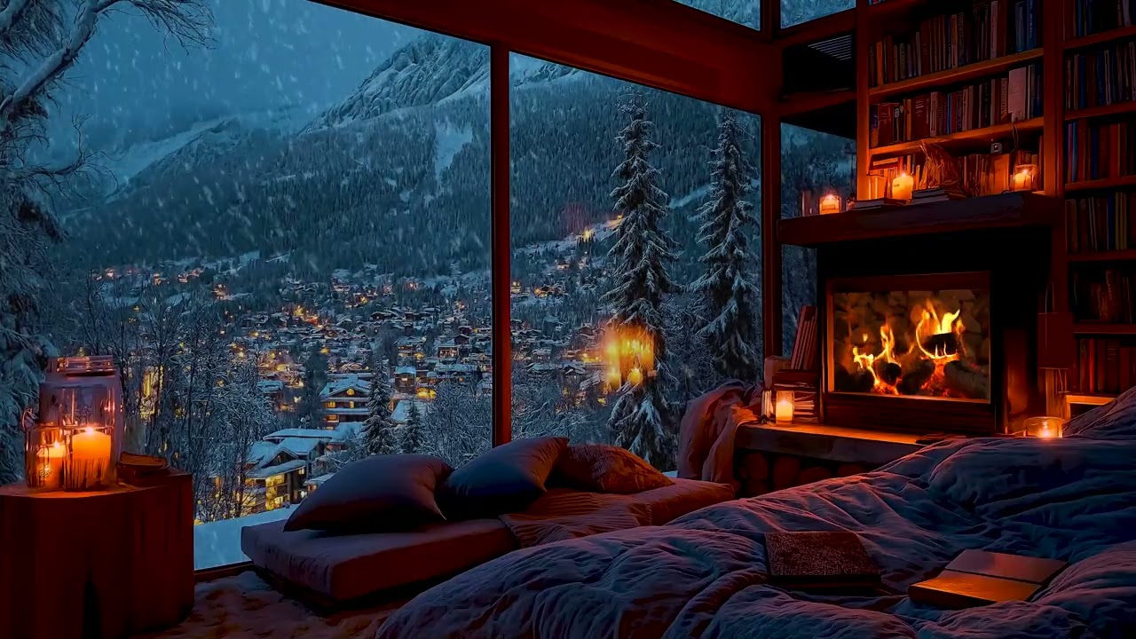Peaceful Snowy Cabin Night Atmosphere, Gentle Snowfall and Cozy Firelight Sounds for Sleep