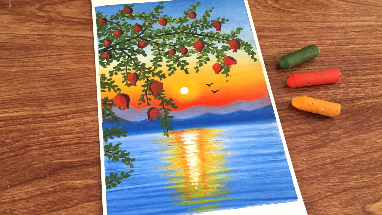 Oil Pastel Sunset Pomegranate Scene Painting for beginners | Oil Pastel Drawing