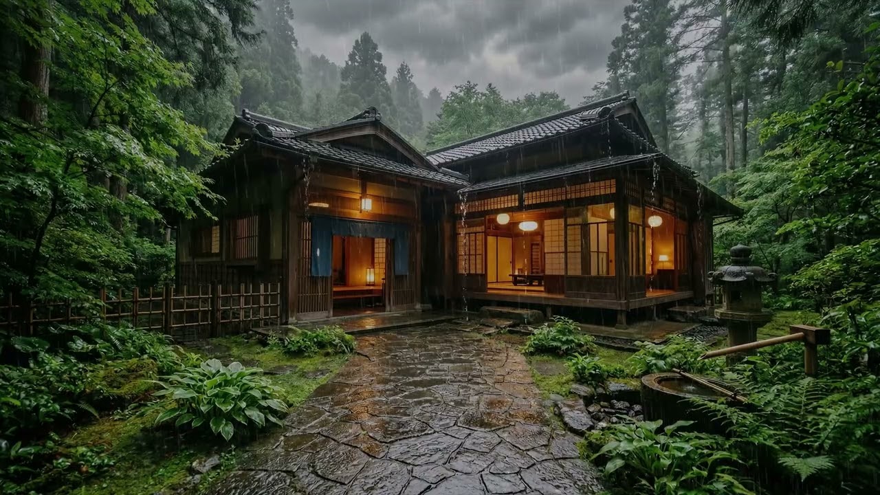 Peaceful Rain 🌧️ Falling Across The Garden Outside A Traditional Japanese Wooden House 🎋