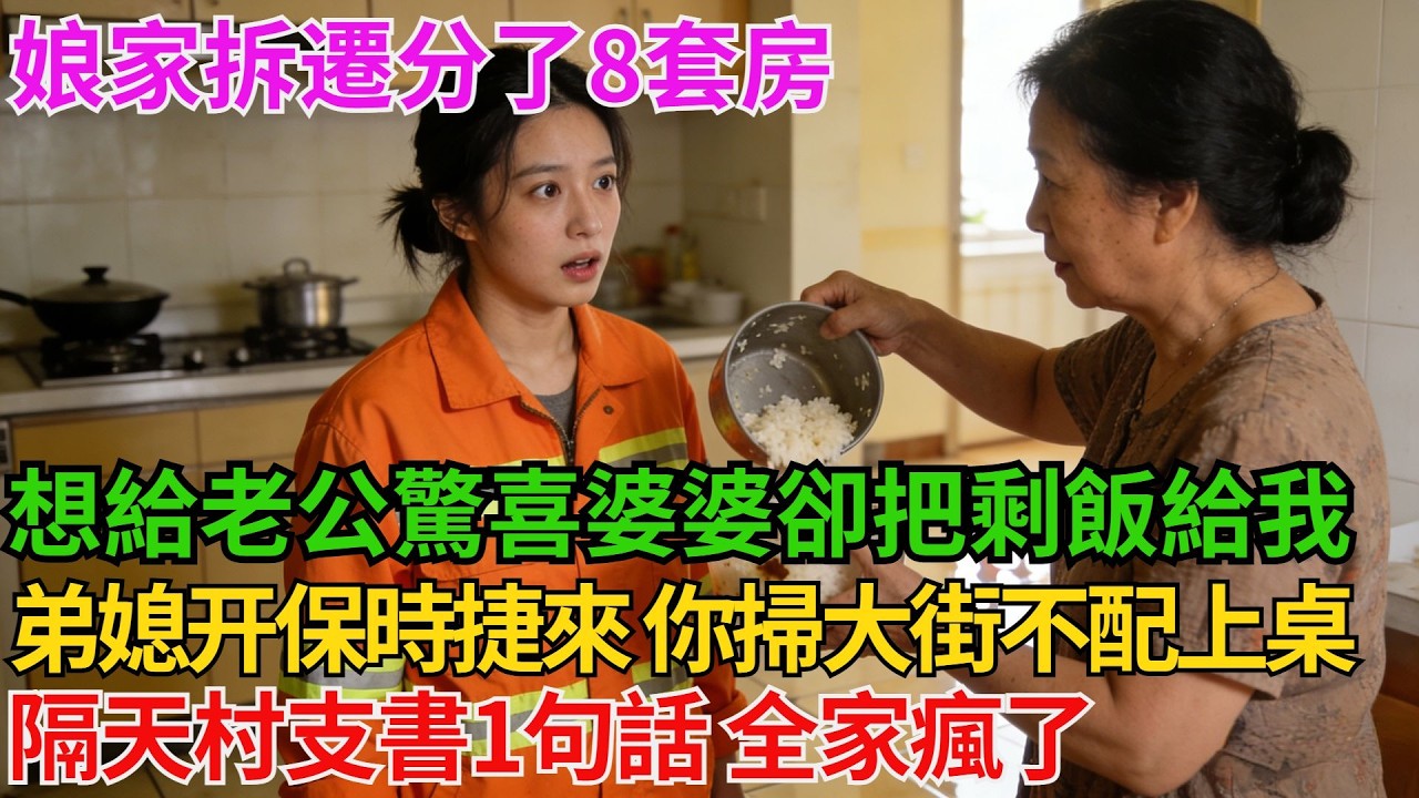 娘家拆遷分了8套房我剛想給老公驚喜婆婆卻把剩飯倒給我弟媳𫔭保時捷來的你個掃大街的不配上桌！隔天村支書1句話 全家瘋了….【阿馨夜讀】#故事分享#情感#婆媳矛盾#AA制