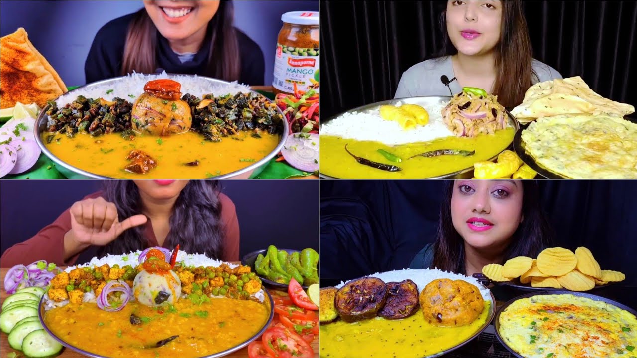 Asmr Eating Spicy 🥵Dal Chawal with Bhindi Fry Brinjal Fry 🌶Aloo Bharta Gobi Fry Omelette Papad 😋 