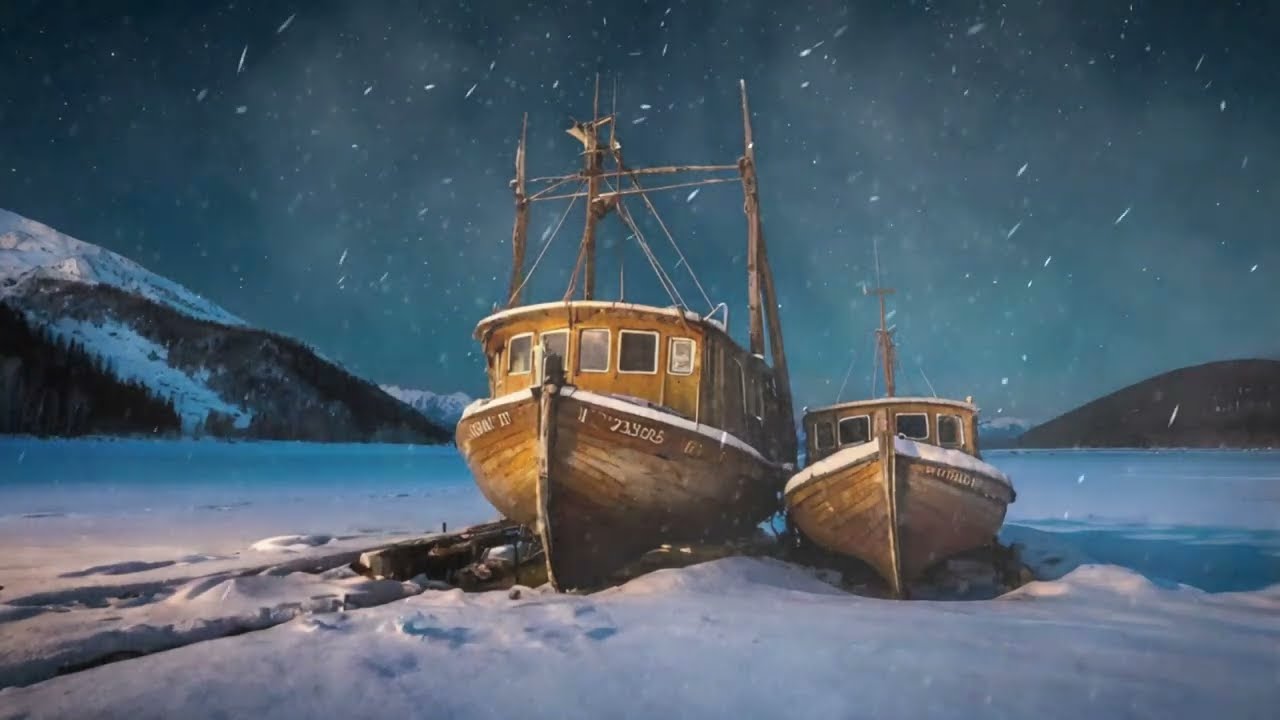 Relaxing Snowstorm on Boats on a Frozen Mountain Lake. Blizzard Sounds and Winter Winds for Sleep.