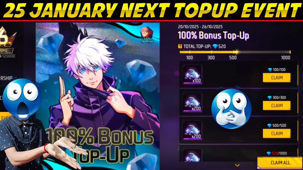 Next Top Up Event Free Fire | Free Fire New 100% Bonus Top Up Event | Next Top Up Event 25 January |