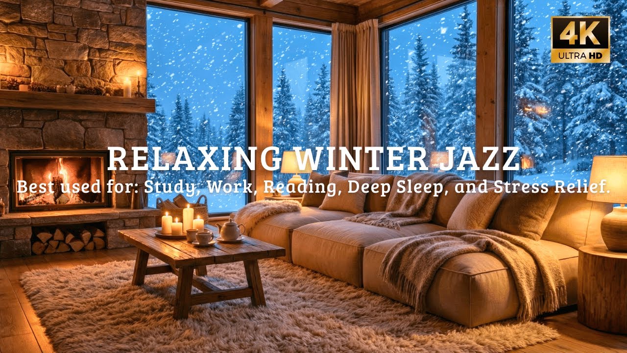 🔴 Peaceful Snow Cabin Night 🔥 Cozy Fireplace & Soft Jazz for Stress Relief