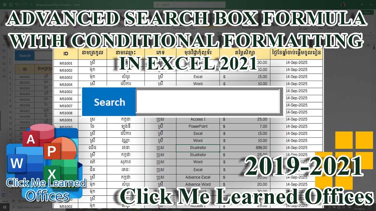 #06-Advanced Search Box Formula with Conditional Formatting in Excel 2021 | Clickmelearnedoffices