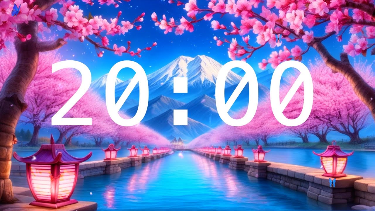 20 Minute Countdown Timer with Alarm | Cherry Blossoms and a River with Lanterns | Relaxing Music