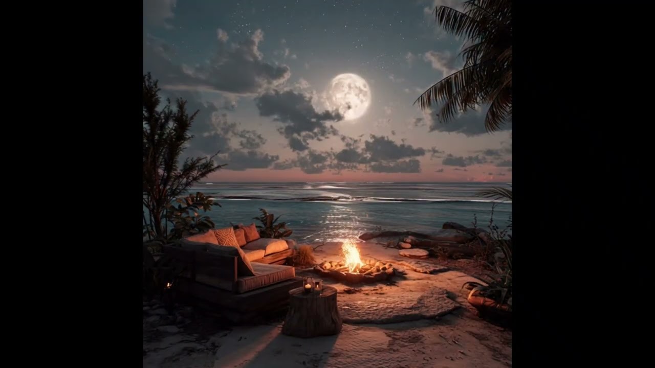 2Hours Minimal Romantic Moonlit Beach with Fire Pit 🌙🔥 | Deep Sleep Ocean Waves 4K