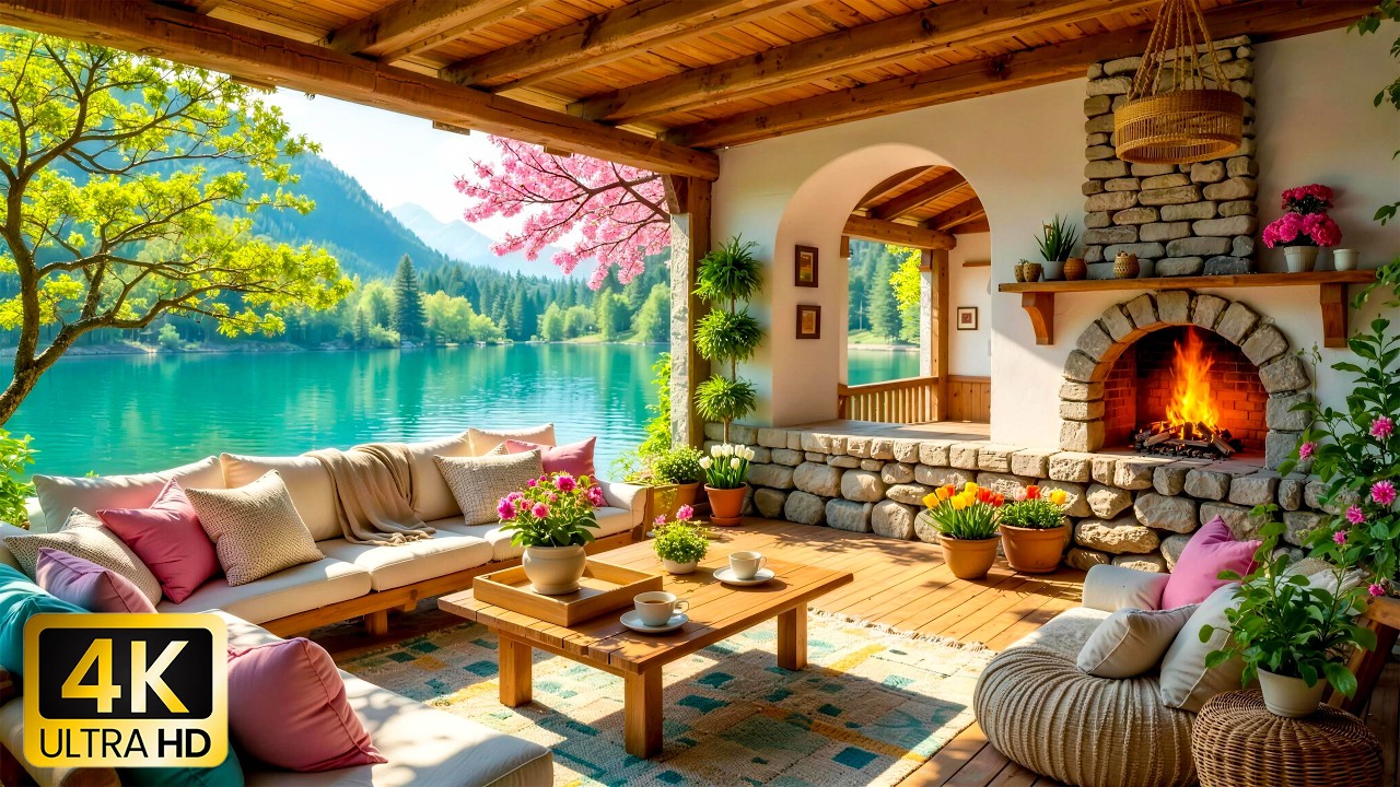 Теплое весеннее утро марта в домике на берегу озера | 🌿Мягкие звуки фортепиано и потрескивание ками