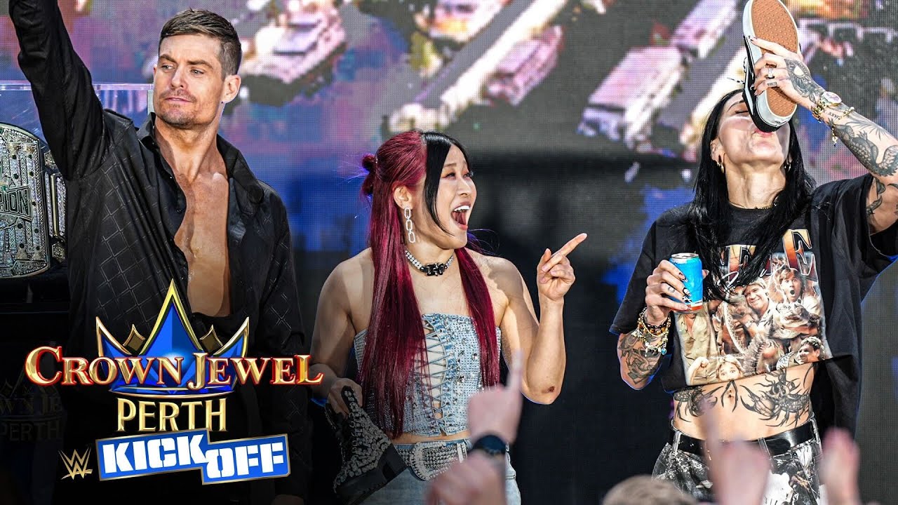 Риа Рипли, IYO SKY и Грейсон Уоллер пьют сок: открытие Crown Jewel 2025, 10 октября 2025 г.
