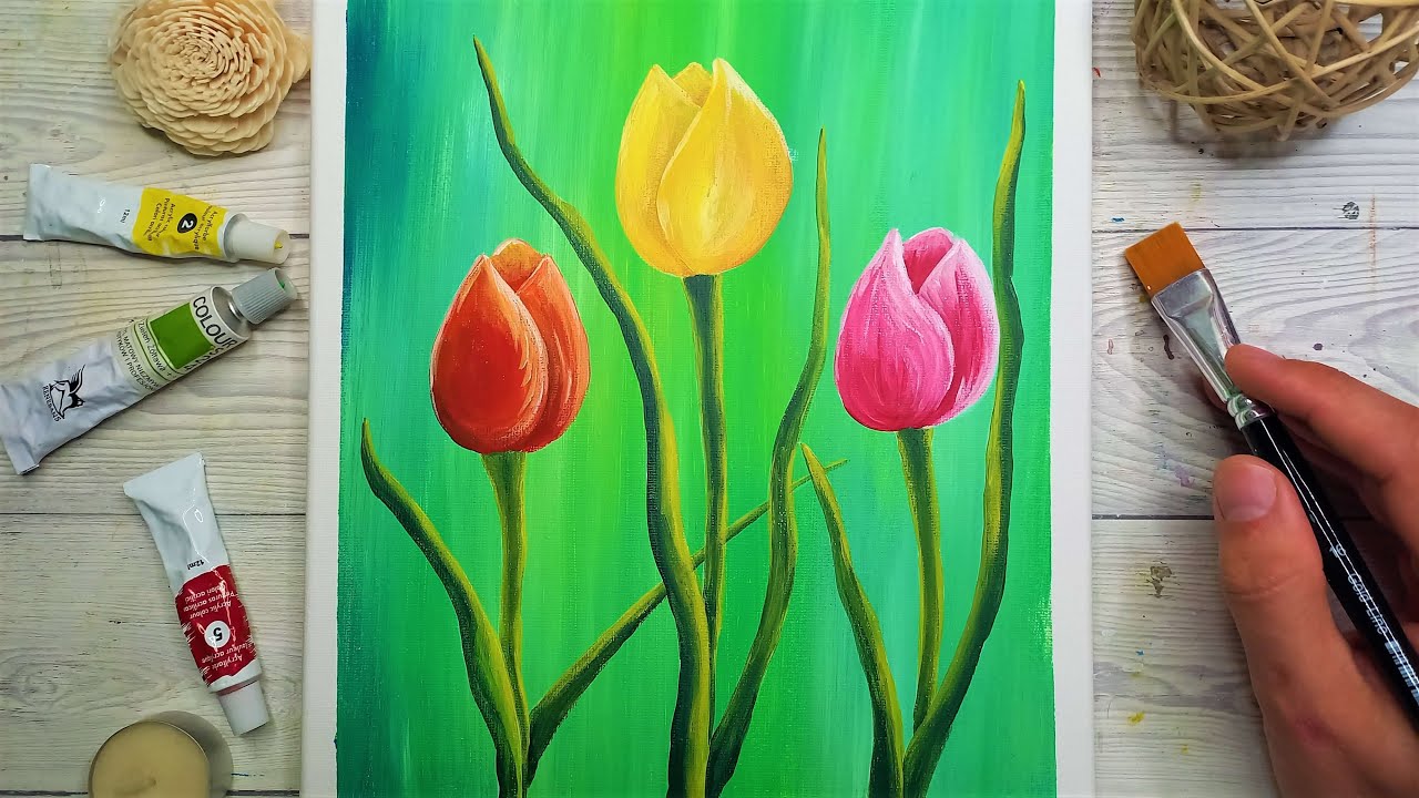 Pictura de Primavara 🌷Cum se Picteaza LALELE🌷Invata sa pictezi FLORI Pas cu Pas 🌷Tutorial de Pictura