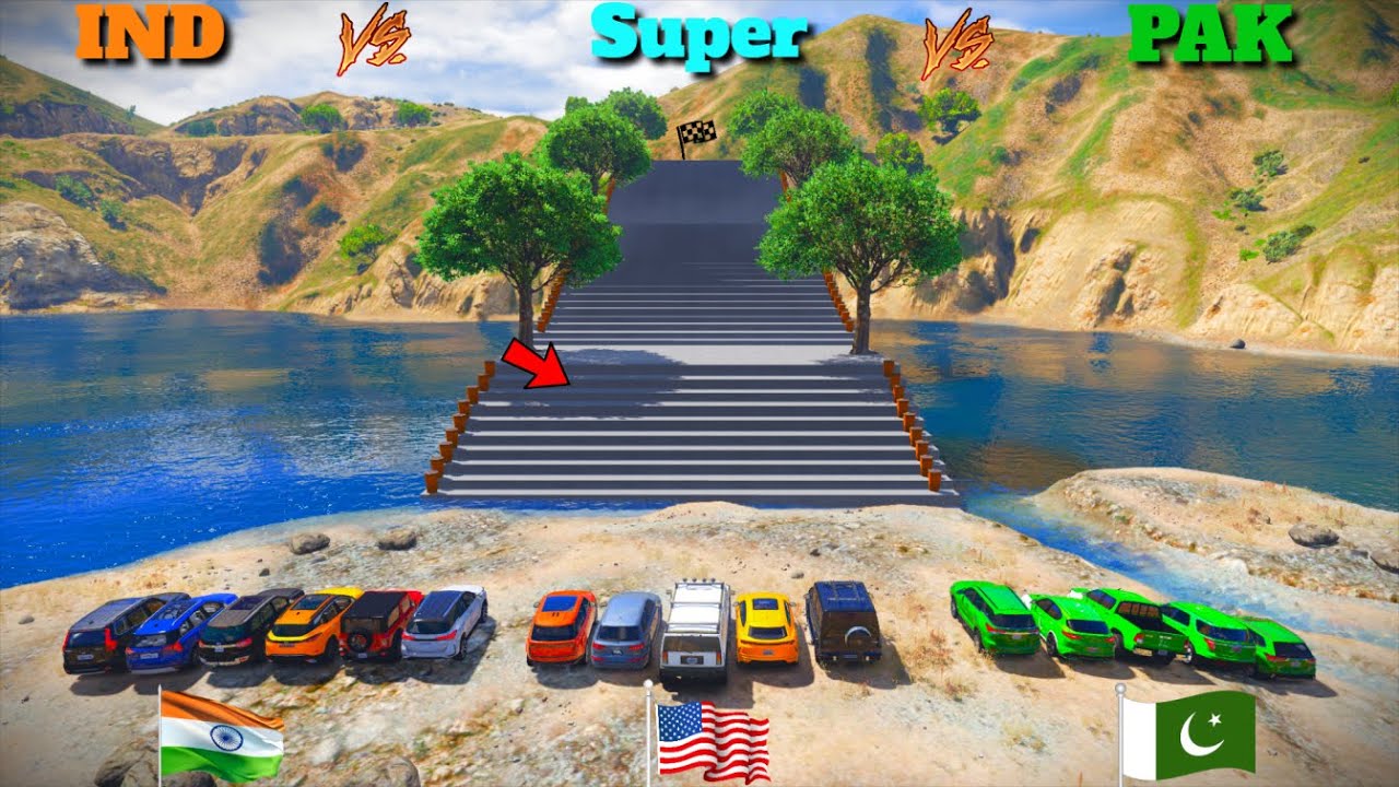 Indian Cars Vs Super Cars Vs Pakistan cars Stairs Challenge GTA 5