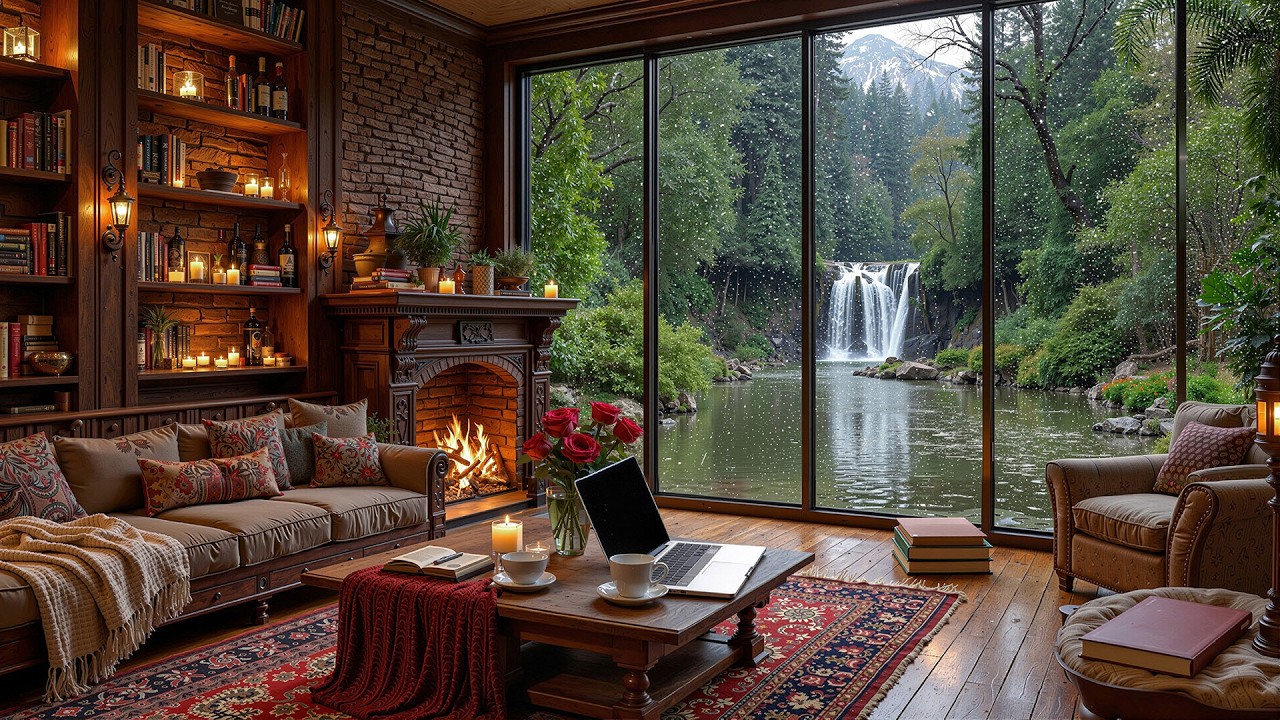 Rainy Window Jazz in a Forest Cabin 🌲 Cozy Fireplace Ambience for Focus and Relaxation