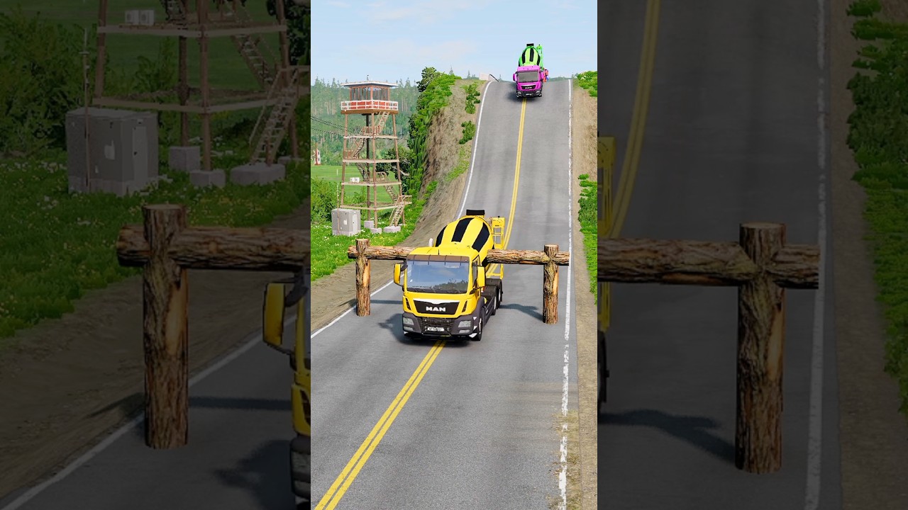 Colourfull Mixer Truck Vs Logs Trap - BeamNG.Drive #beamngdrive #bus #crash