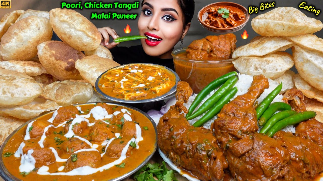 ASMR Eating Spicy Chicken Curry,Malai Paneer Masala,Poori,Rice,Aloo Big Bites ASMR Eating Mukbang