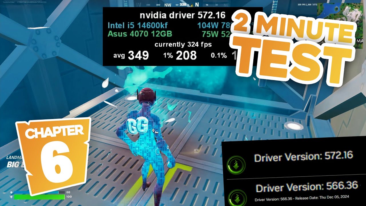 new nvidia driver 572.16 vs 566.36 fortnite fps test with i5 14600kf and Asus Dual 4070 12GB OC