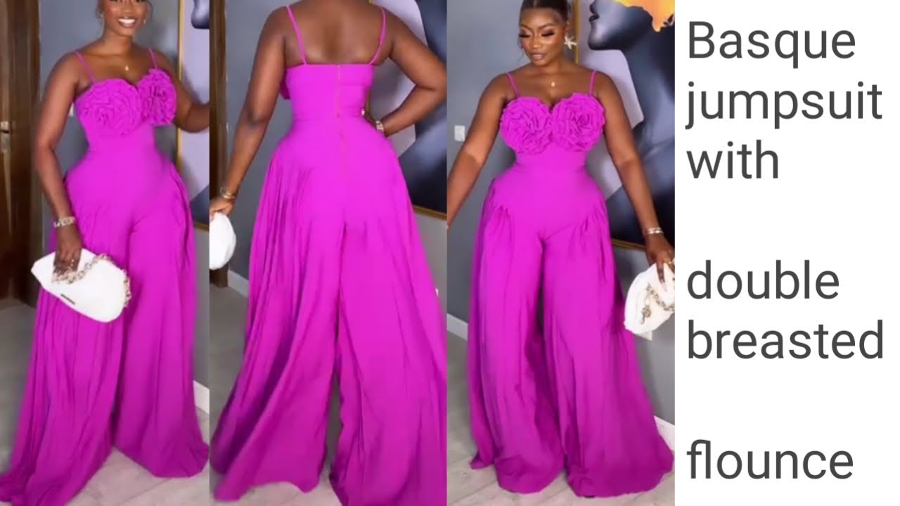 ASYMMETRIC GATHERED FLARE JUMPSUIT WITH BREAST FLOWER FLOUNCE