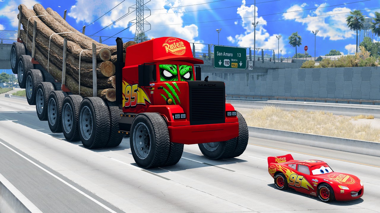 Giant MACK TRUCK Eater VS Cars Lightning McQueen Escape From Monster Beamng.Drive #8
