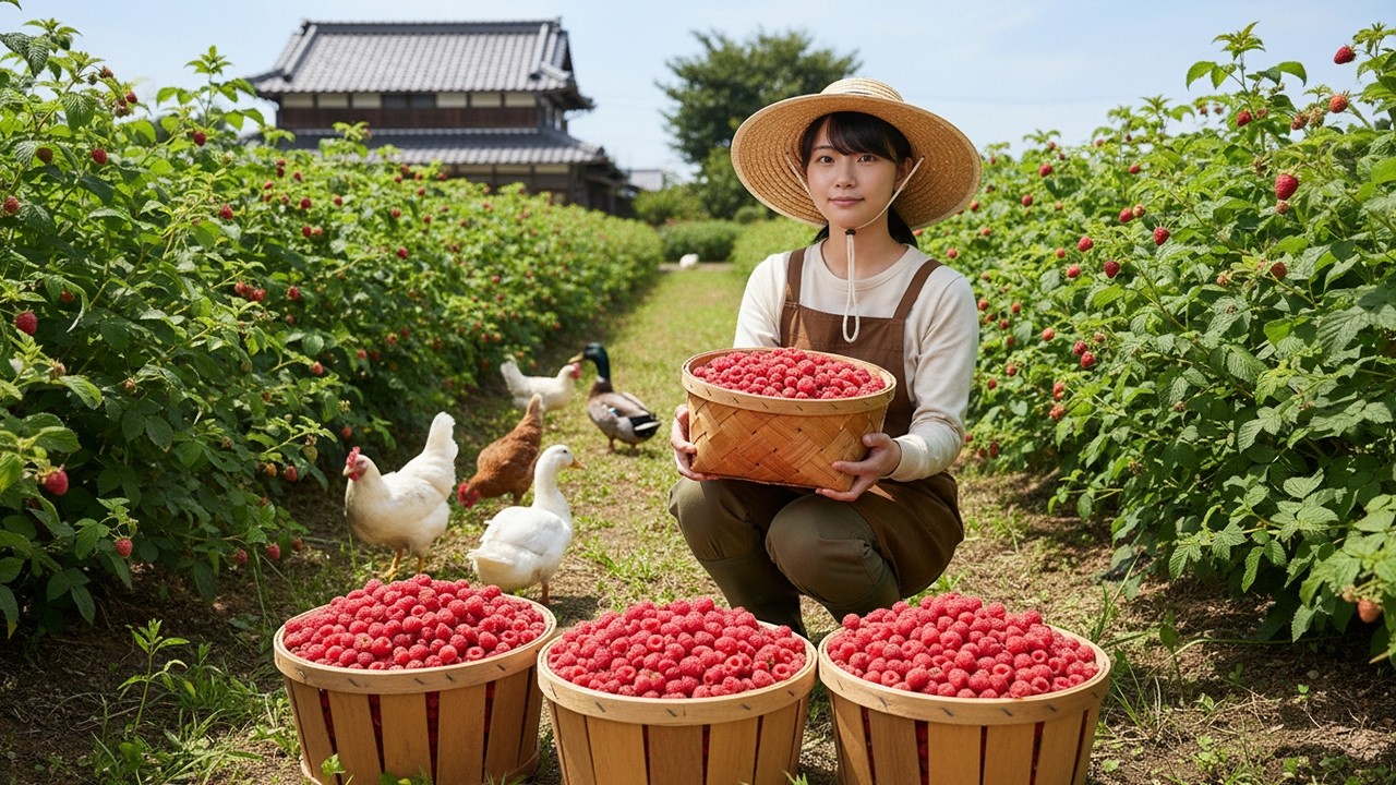 Peaceful Japanese Countryside Farm Life – Fresh Raspberry Harvest & Quiet Garden Days