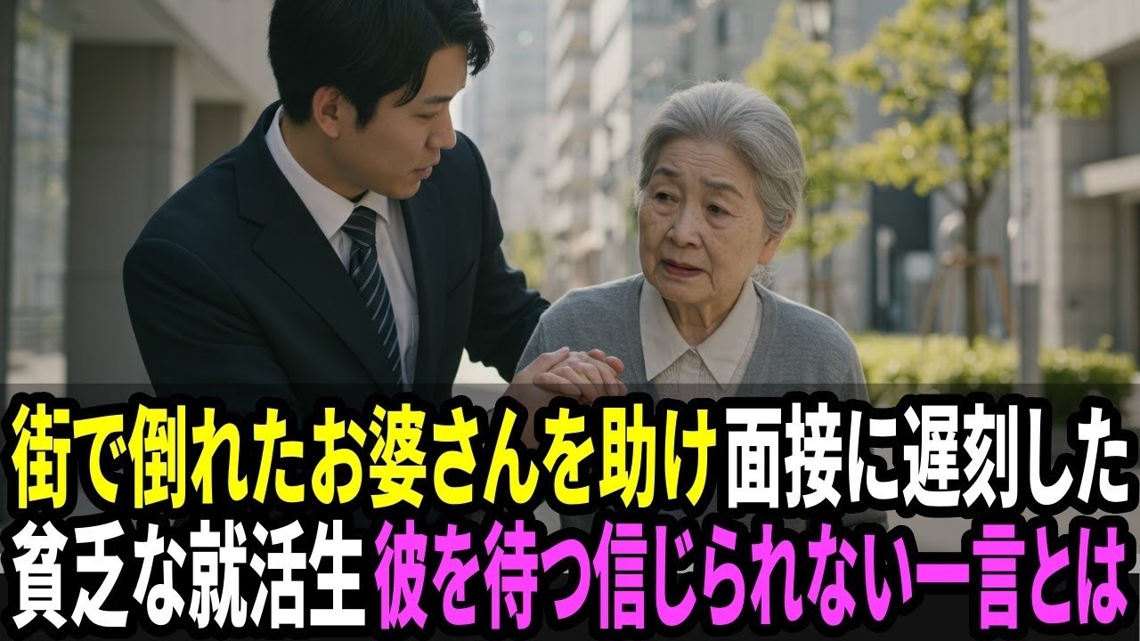 街で倒れたお婆さんを助けた貧乏な就活生。面接に遅刻した彼に告げられた、信じられない一言とは…