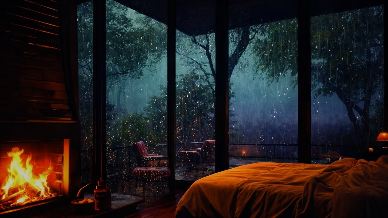 Rainy Night in Cozy Cabin with Fireplace 🌧️🔥 8 Hours of Rain Sounds for Deep Sleep