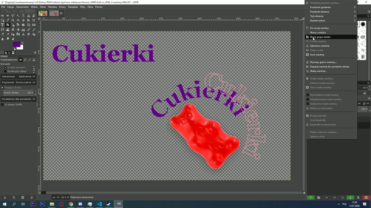 E14 styczeń 2020 Arkusz 3 - Cukierki, Napis opisany na kole, GIMP poradnik