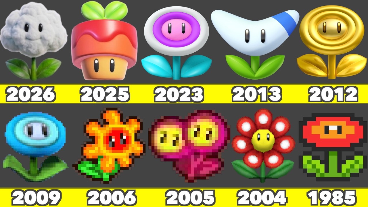Evolution of All the Flowers Game Graphics in Nintendo Games & Mario Movies (1985-2026)