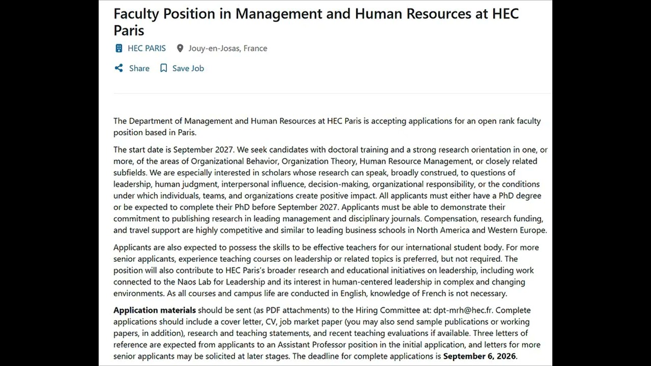 Faculty Position in Management and Human Resources at HEC Paris #academicjobs