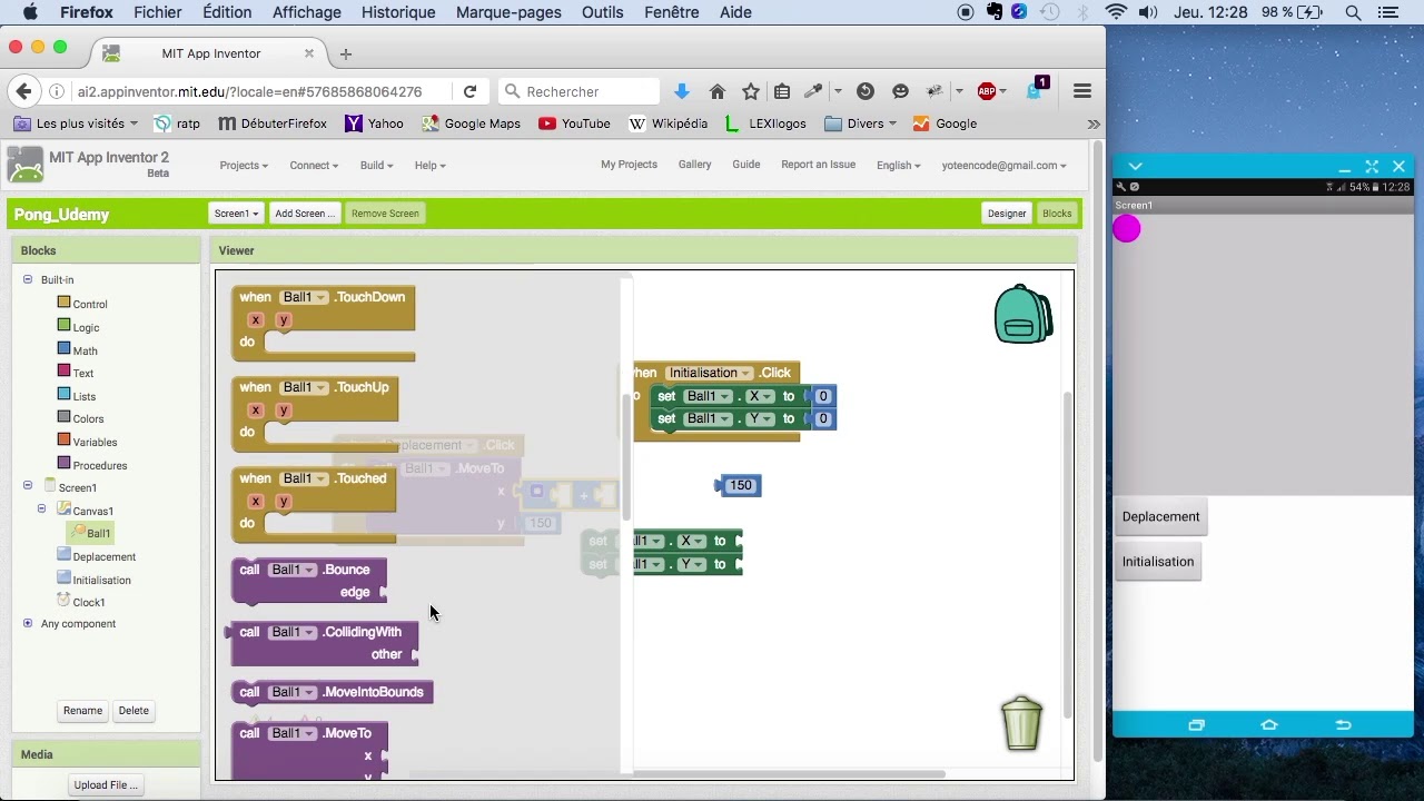 Création de l'application mobile Pong - Exercices préalables